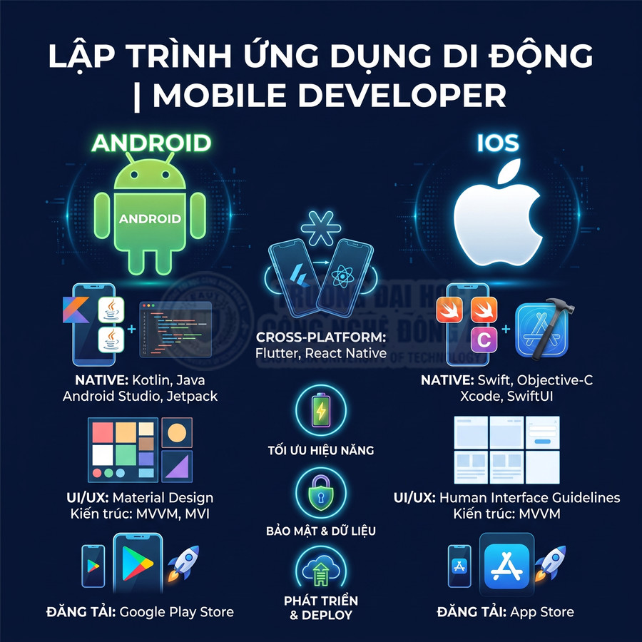 Poster giới thiệu khóa học lập trình ứng dụng di động Android và iOS với các công cụ, ngôn ngữ và quy trình phát triển