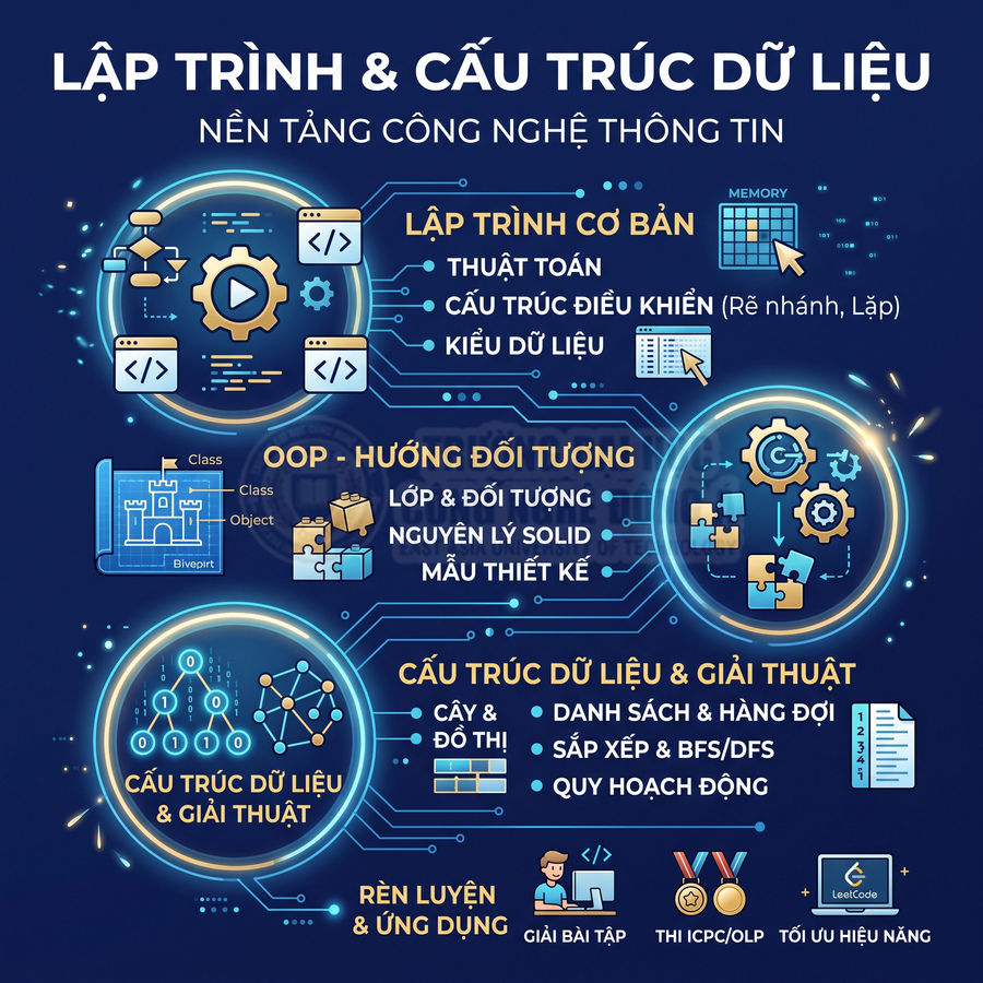 Poster khóa học lập trình và cấu trúc dữ liệu nền tảng CNTT với các chủ đề thuật toán, OOP, giải thuật, luyện thi ICPC