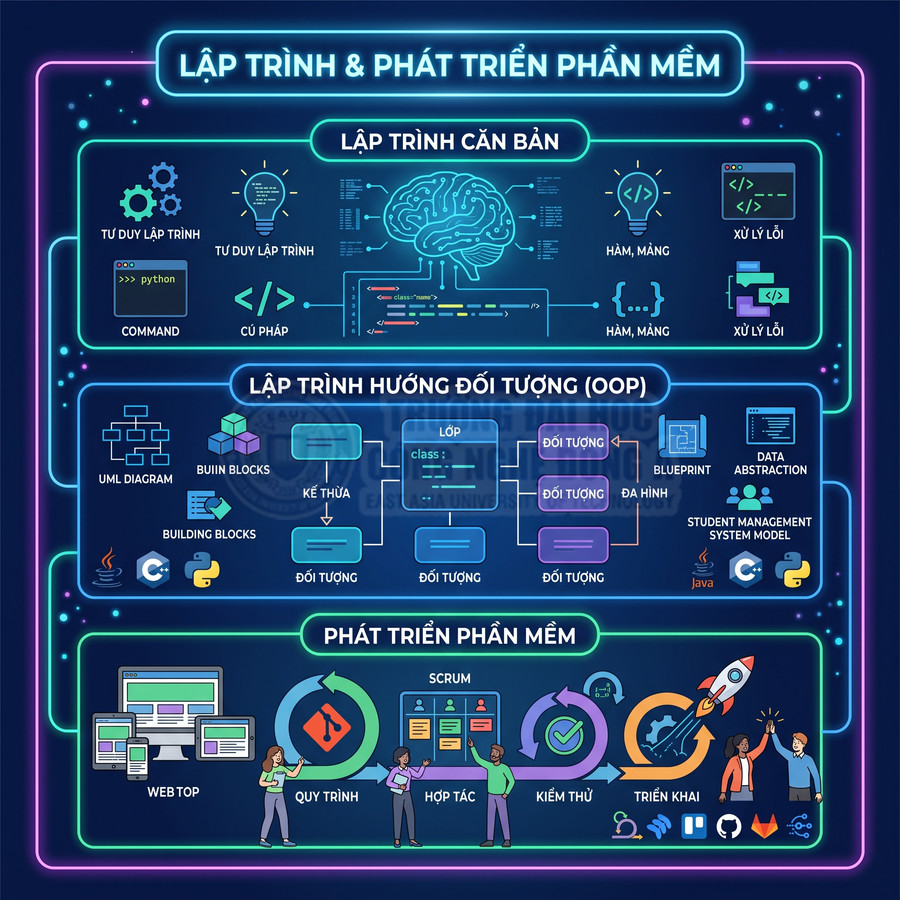Sơ đồ lộ trình học lập trình và phát triển phần mềm từ cơ bản, OOP đến quy trình phát triển Scrum