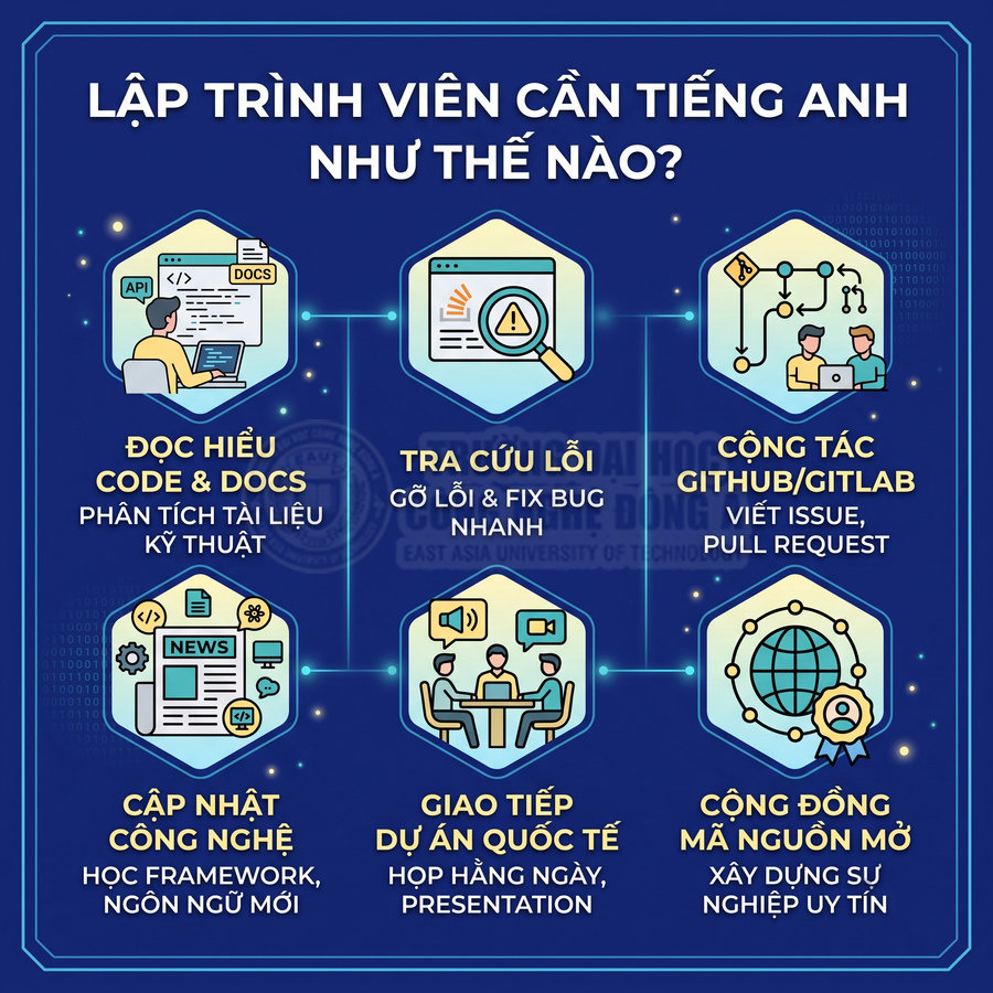 Infographic lợi ích tiếng Anh cho lập trình viên: đọc tài liệu, tra cứu lỗi, cộng tác GitHub, giao tiếp dự án quốc tế