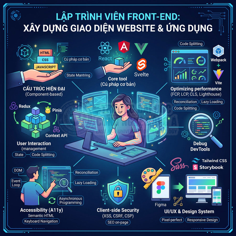 Minh họa lập trình viên front end với các công cụ React, Angular, Vue, Svelte, Webpack, Vite, Sass, Tailwind CSS, Figma