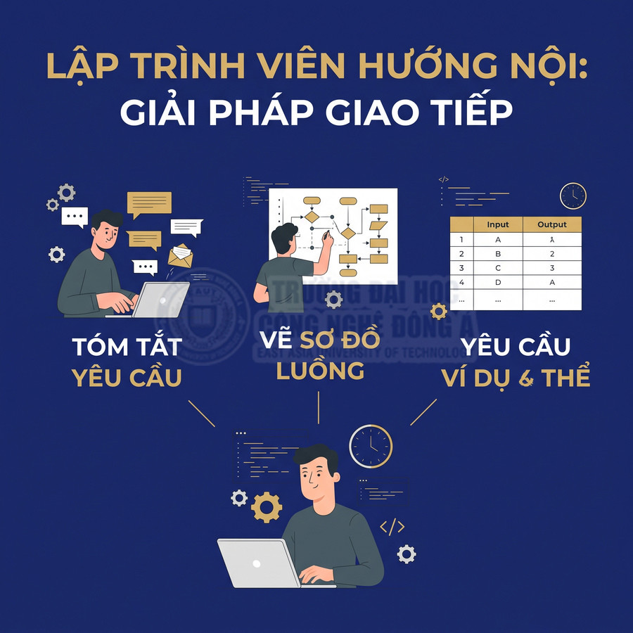 Minh họa lập trình viên hướng nội với laptop, sơ đồ luồng và bảng ví dụ yêu cầu đầu vào đầu ra