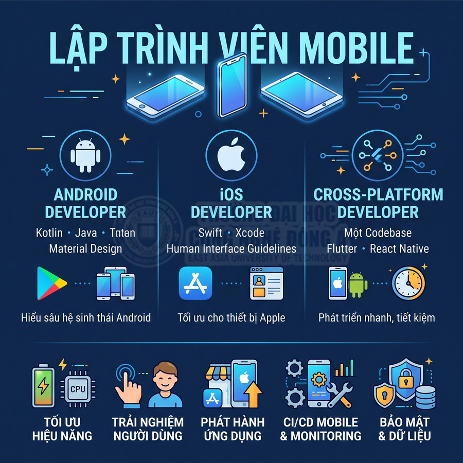 Infographic so sánh Android developer, iOS developer và cross platform developer trong lập trình ứng dụng mobile