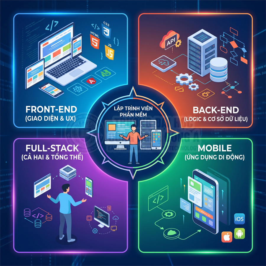 Minh họa các mảng lập trình phần mềm front end back end mobile và full stack với biểu tượng máy tính và điện thoại