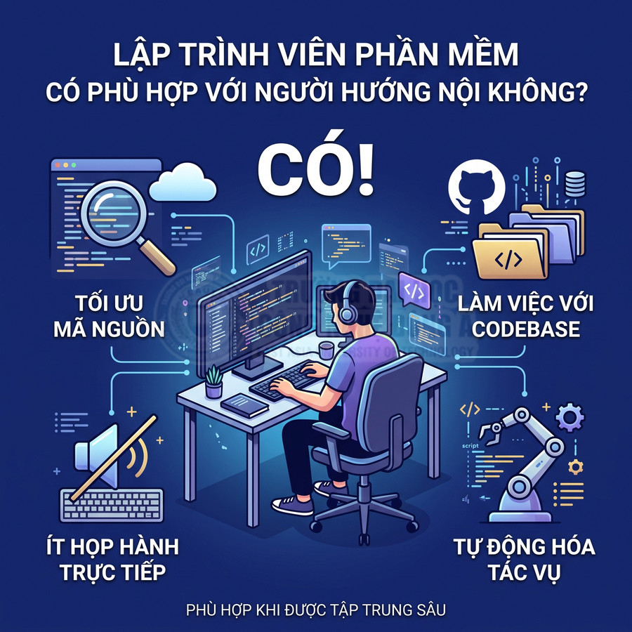Lập trình viên phần mềm đeo tai nghe ngồi trước nhiều màn hình code, minh họa công việc phù hợp người hướng nội