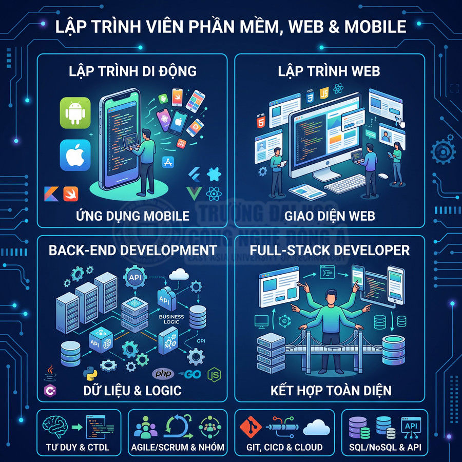 Minh họa lộ trình học lập trình viên phần mềm web mobile gồm mobile, web, backend và full stack