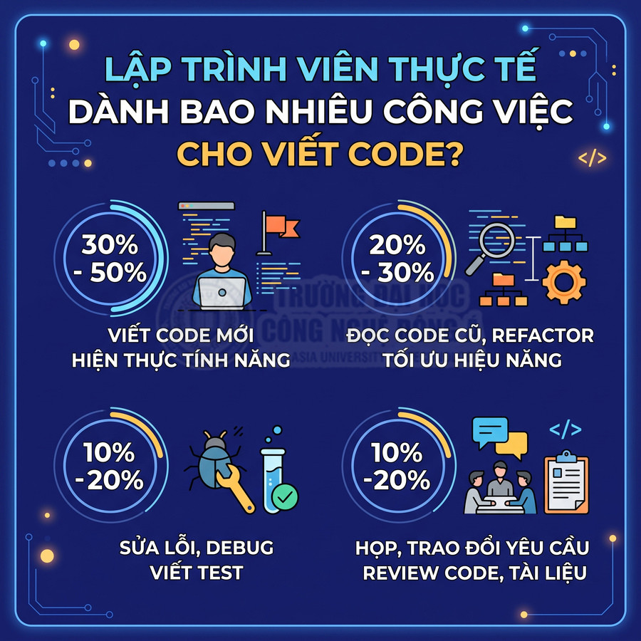 Tỷ lệ thời gian lập trình viên dành cho viết code, đọc refactor, sửa lỗi debug và họp trao đổi yêu cầu