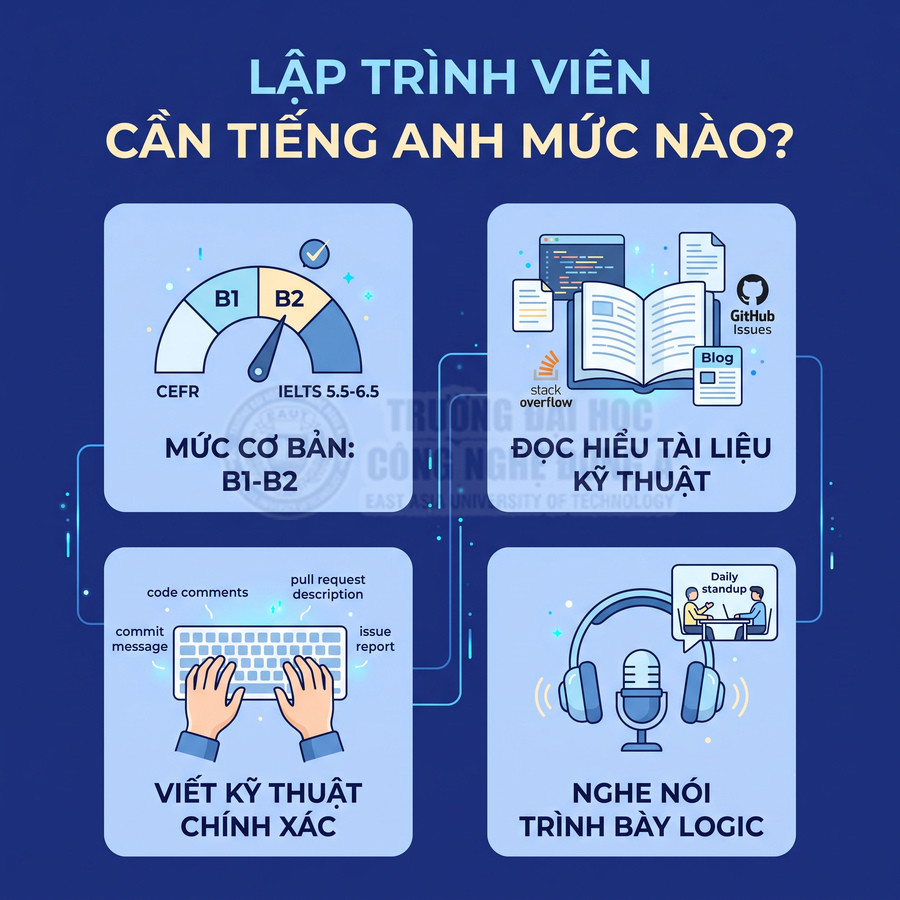 Yêu cầu tiếng Anh cho lập trình viên mức B1 B2 để đọc tài liệu viết kỹ thuật và giao tiếp logic