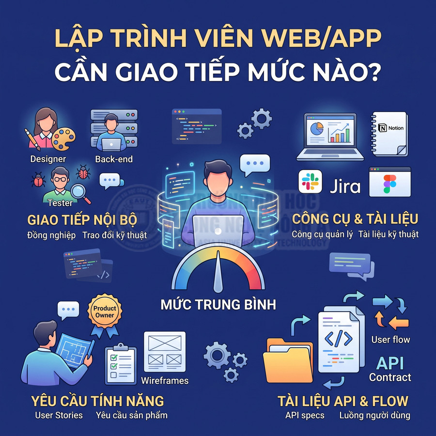 Infographic kỹ năng giao tiếp cần có của lập trình viên web app với đồng nghiệp, công cụ Jira Notion và tài liệu API