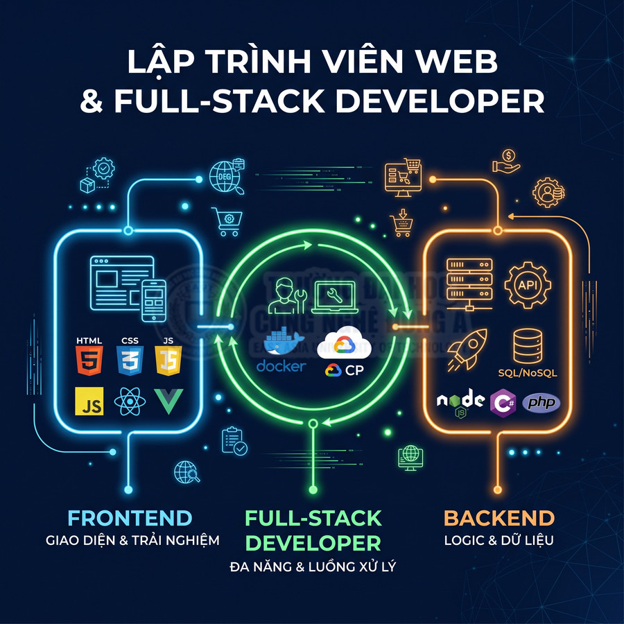 Sơ đồ kỹ năng lập trình viên web full stack với frontend HTML CSS JS, backend SQL NoSQL NodeJS PHP và công cụ Docker Cloud