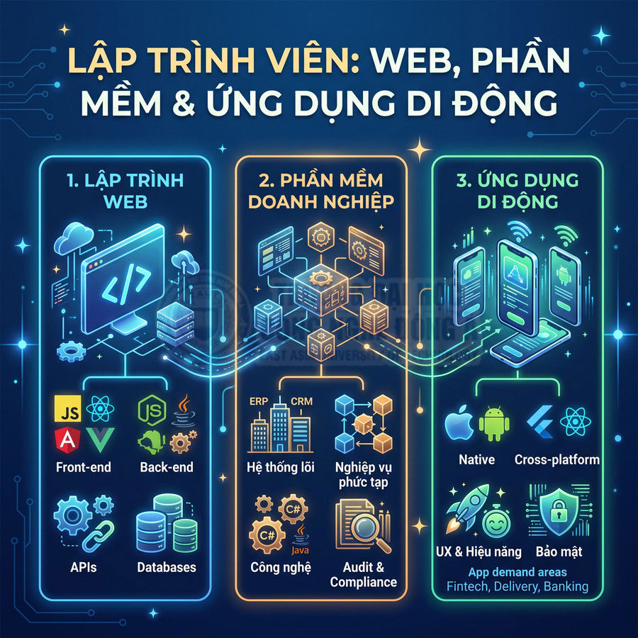 Infographic giới thiệu các mảng lập trình web, phần mềm doanh nghiệp và ứng dụng di động cùng công nghệ liên quan