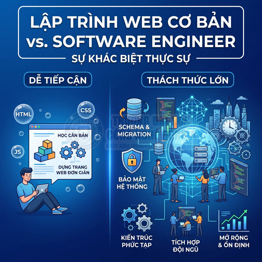 So sánh lập trình web cơ bản và software engineer với minh họa kỹ năng, bảo mật, kiến trúc và mở rộng hệ thống
