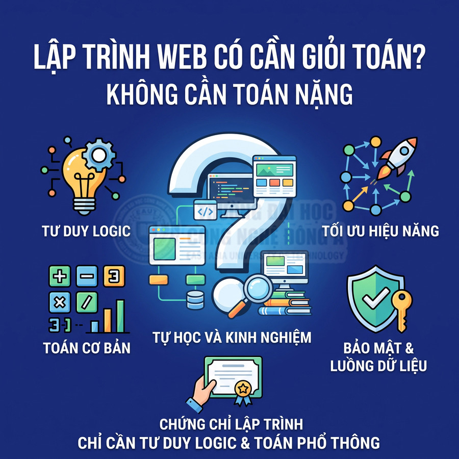 Infographic lập trình web có cần giỏi toán, nhấn mạnh tư duy logic, toán cơ bản, tự học và chứng chỉ lập trình