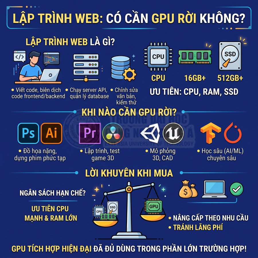 Infographic tư vấn cấu hình máy tính lập trình web, ưu tiên CPU RAM SSD và khi nào cần GPU rời cho đồ họa game 3D AI