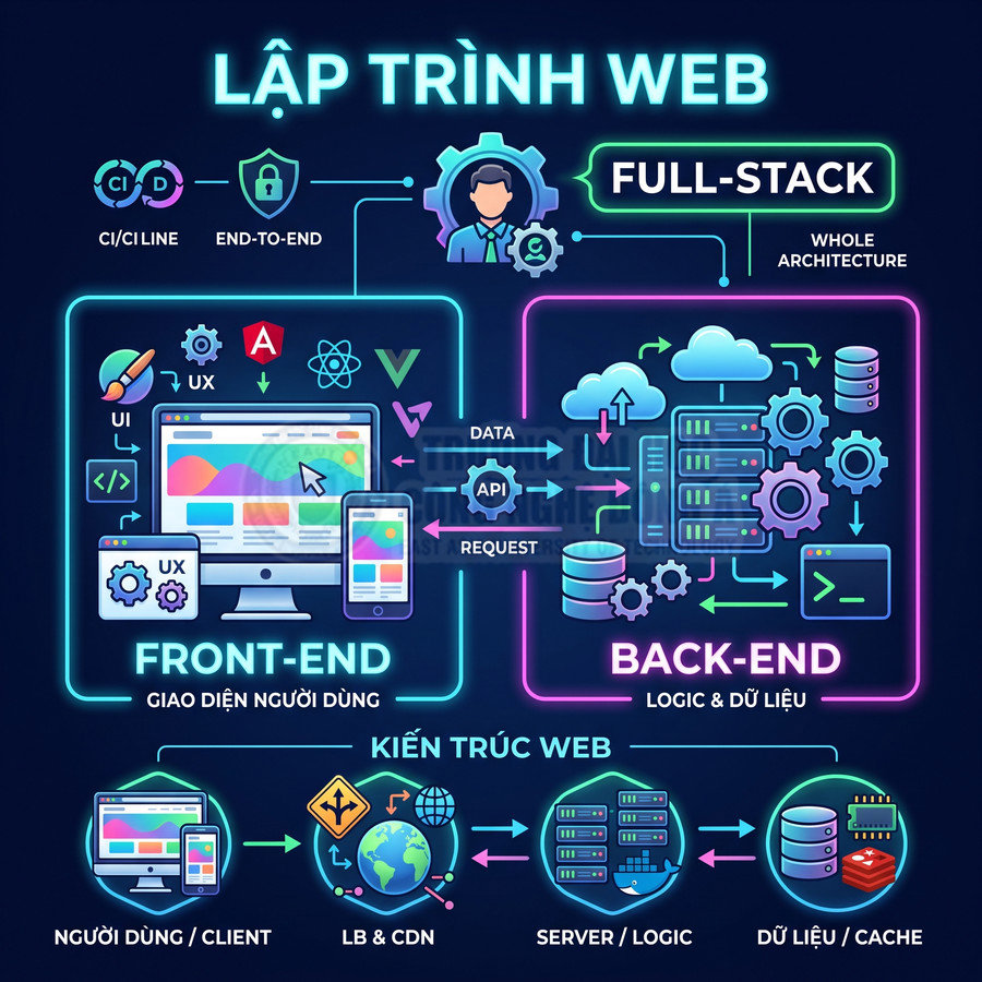Sơ đồ lập trình web full stack minh họa front end, back end và kiến trúc web với server, dữ liệu, API