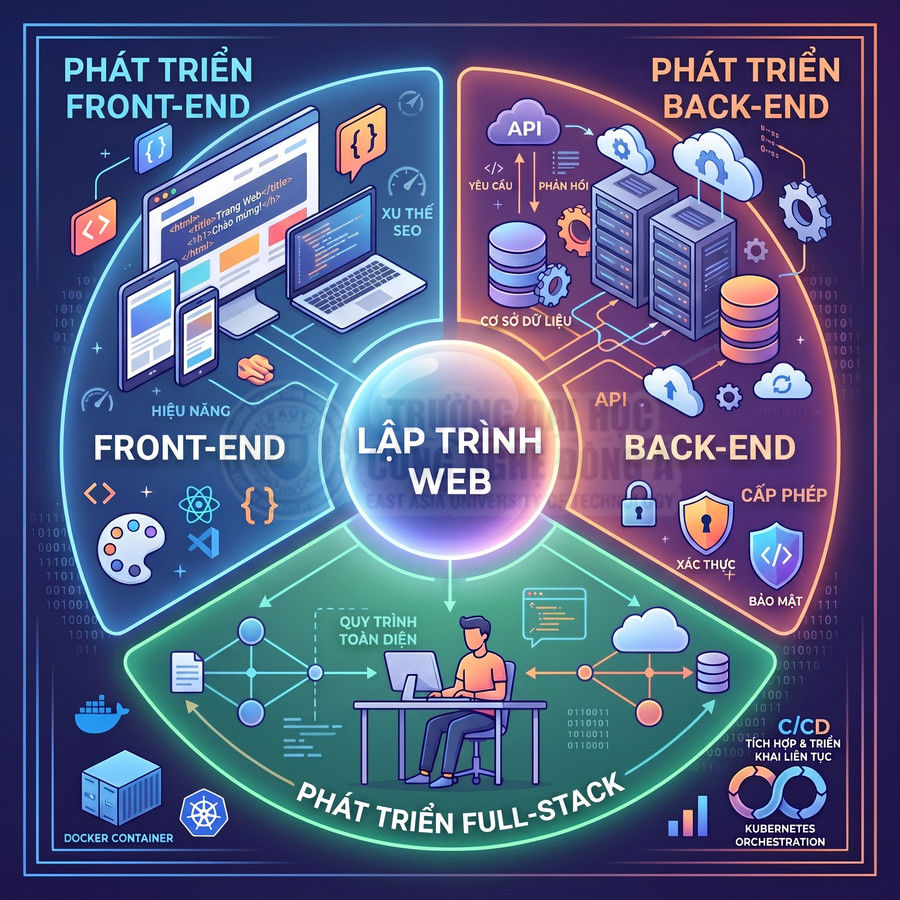 Minh họa lập trình web với các mảng front end, back end và full stack cùng biểu tượng công nghệ trực quan