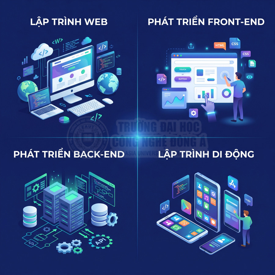 Minh họa các lĩnh vực lập trình web, front end, back end và lập trình di động với giao diện và server hiện đại