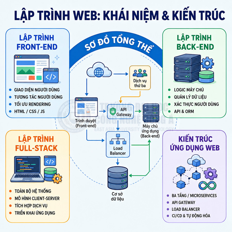 Sơ đồ khái niệm và kiến trúc lập trình web gồm front end, back end, full stack và kiến trúc ứng dụng web