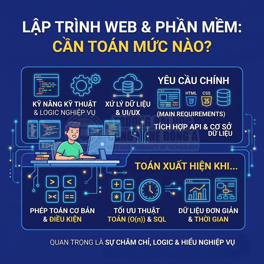 Infographic lập trình web và phần mềm giải thích mức độ cần toán, kỹ năng kỹ thuật, xử lý dữ liệu và tối ưu thuật toán