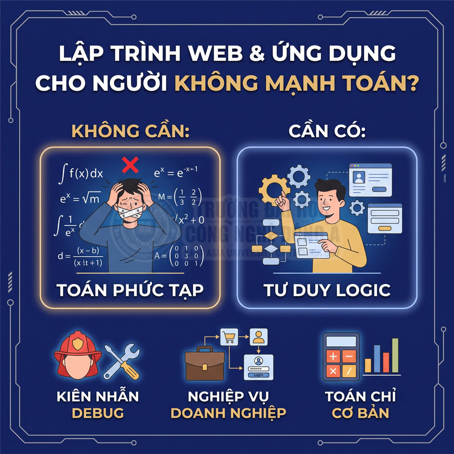Infographic lập trình web và ứng dụng cho người không giỏi toán, nhấn mạnh cần tư duy logic và toán cơ bản, không cần toán phức tạp