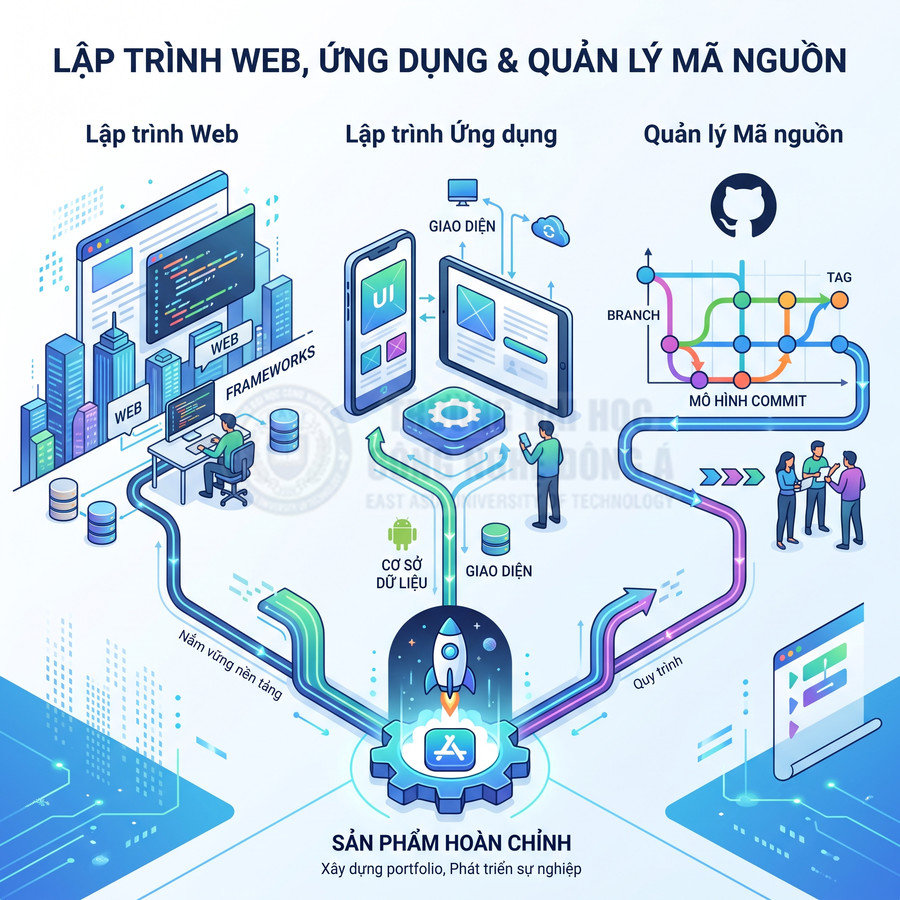 Minh họa quy trình lập trình web, ứng dụng và quản lý mã nguồn để tạo sản phẩm phần mềm hoàn chỉnh