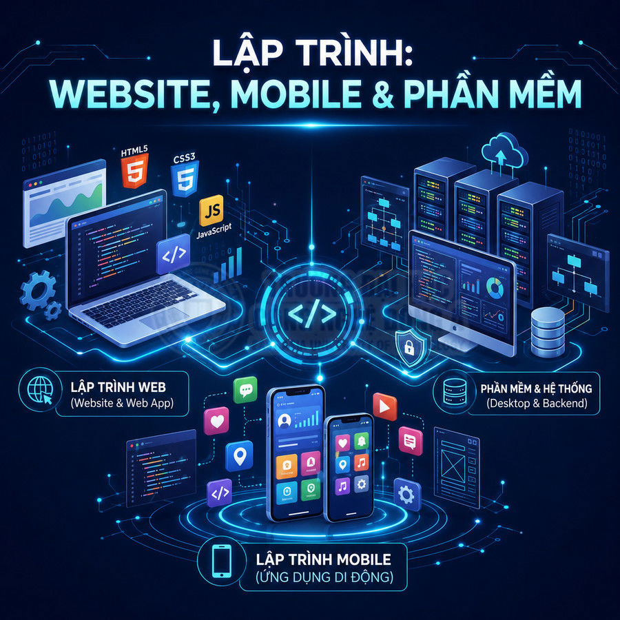 Thiết kế giới thiệu khóa học lập trình website mobile và phần mềm với laptop điện thoại và máy chủ