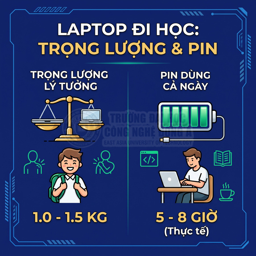 Infographic chọn laptop đi học với trọng lượng 1 đến 1.5 kg và thời lượng pin thực tế 5 đến 8 giờ