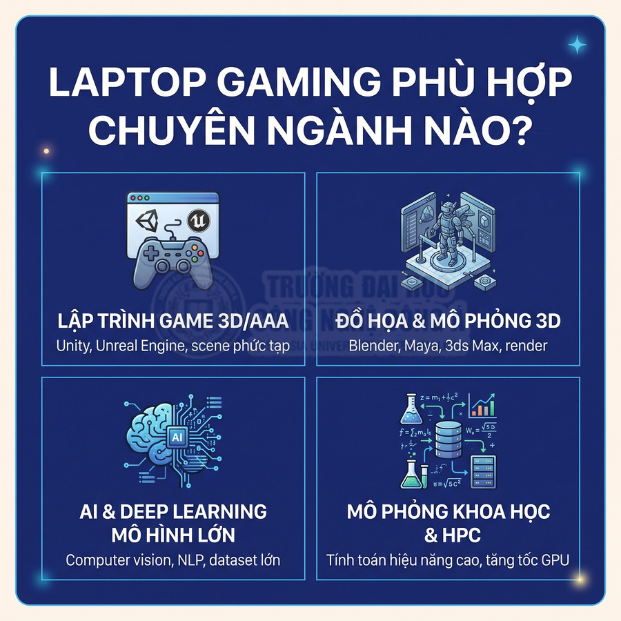 Infographic giới thiệu các ngành phù hợp dùng laptop gaming như lập trình game 3D, đồ họa 3D, AI và mô phỏng khoa học
