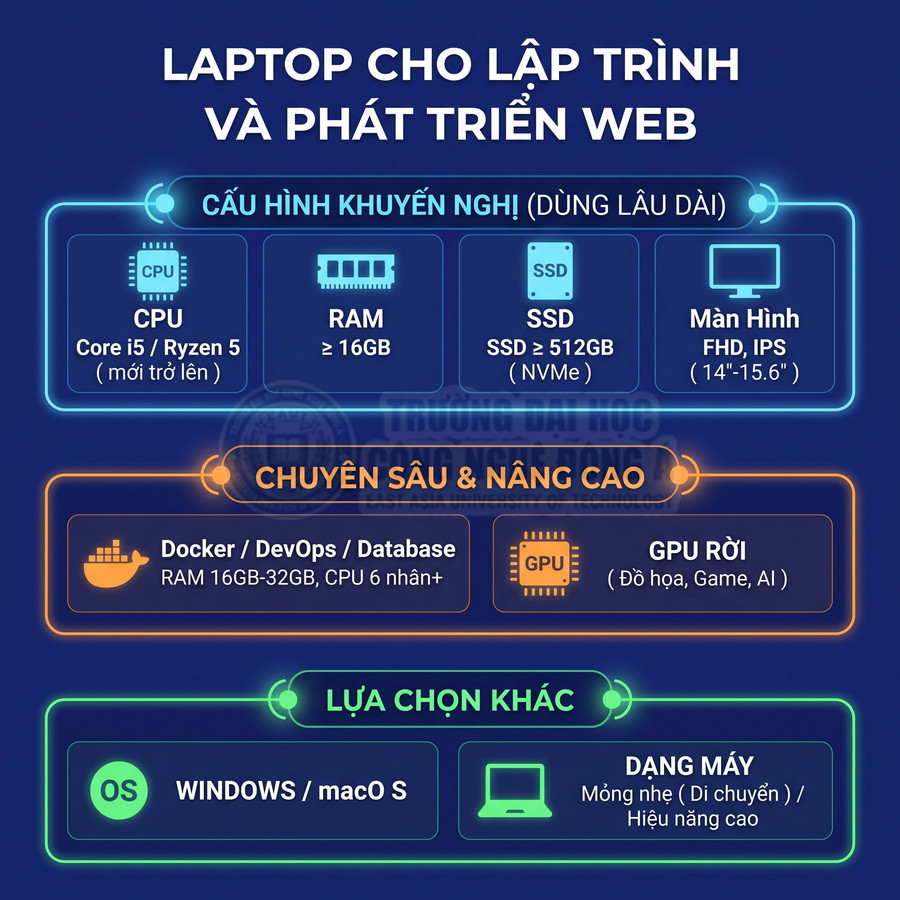 Thông số gợi ý chọn laptop lập trình web với CPU Core i5 Ryzen 5, RAM 16GB, SSD 512GB, màn FHD IPS