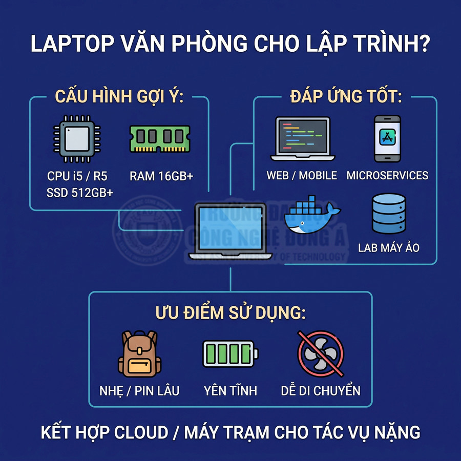 Infographic cấu hình laptop văn phòng cho lập trình với CPU i5 hoặc Ryzen 5, RAM 16GB, SSD 512GB và ưu điểm sử dụng