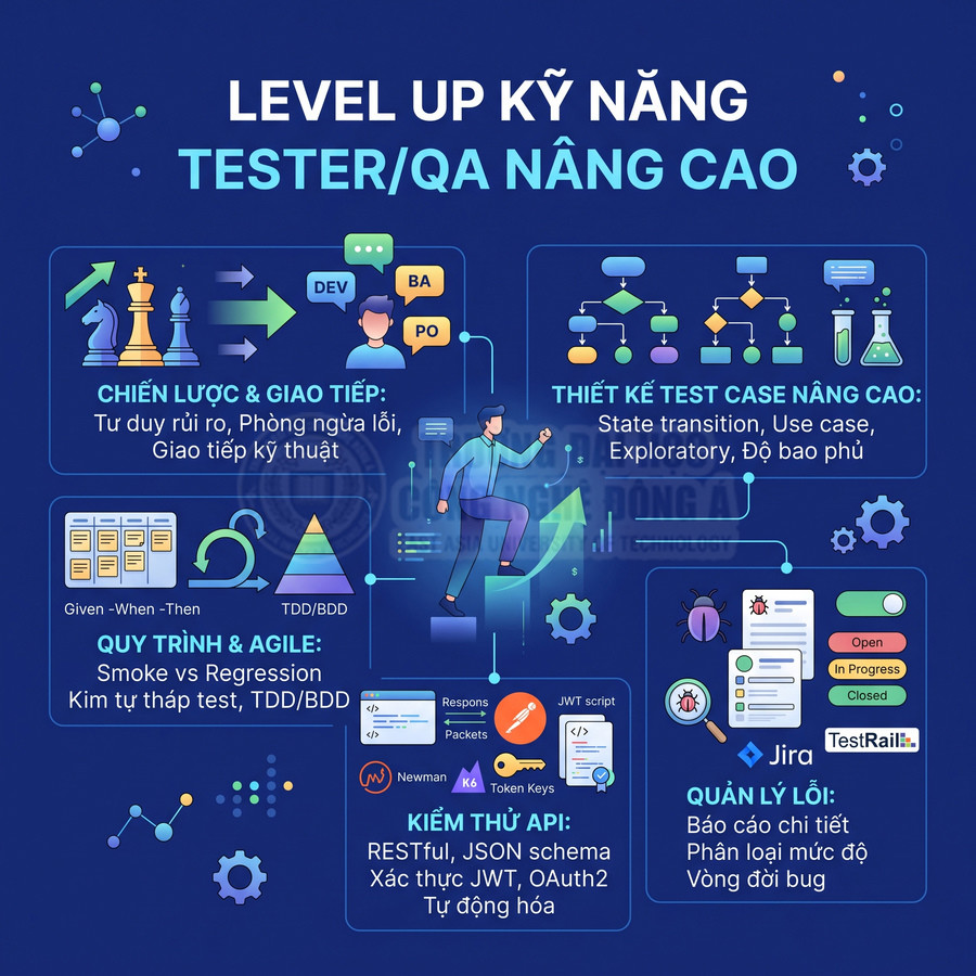 Infographic kỹ năng nâng cao cho tester QA gồm chiến lược giao tiếp, quy trình agile, thiết kế test case, kiểm thử API, quản lý lỗi