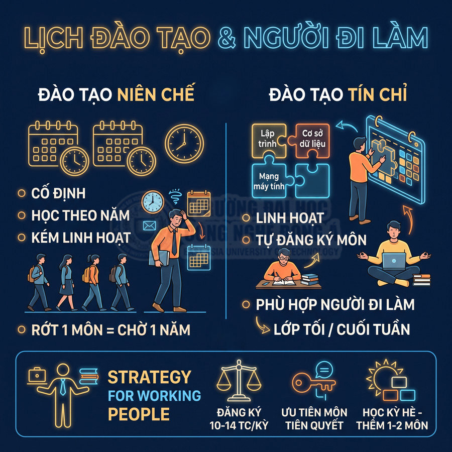 So sánh đào tạo niên chế và đào tạo tín chỉ, nhấn mạnh lịch học linh hoạt phù hợp người đi làm