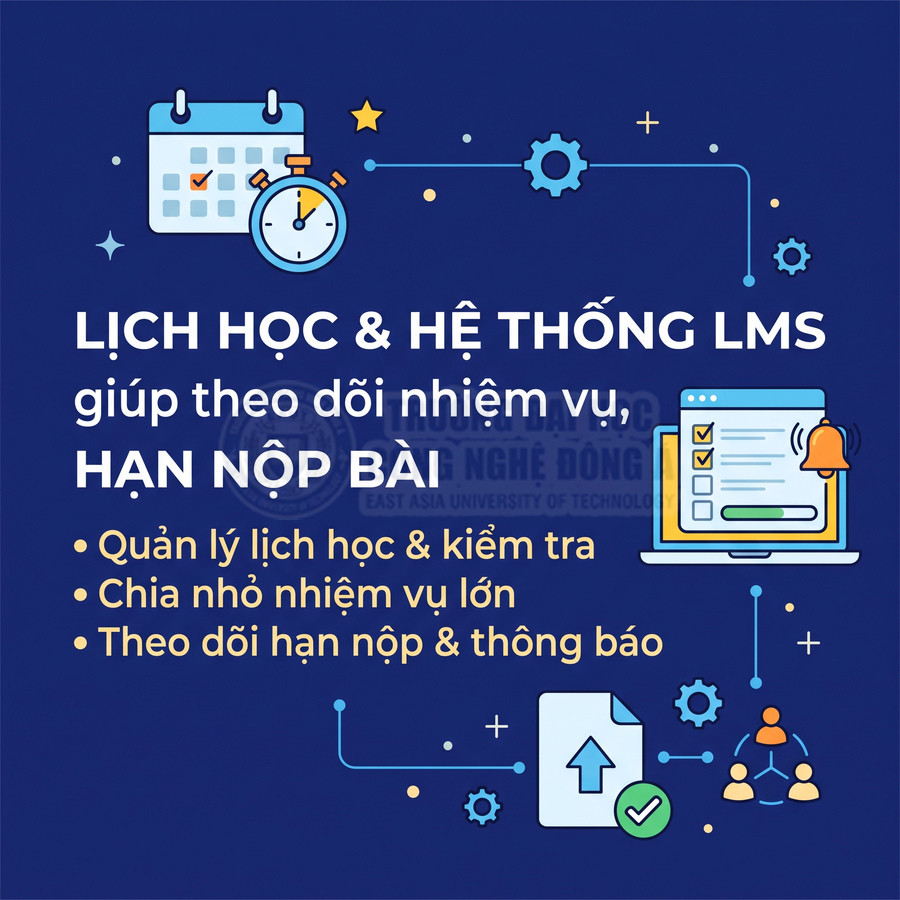 Lịch học và hệ thống LMS theo dõi nhiệm vụ, hạn nộp bài, lịch kiểm tra và thông báo học tập