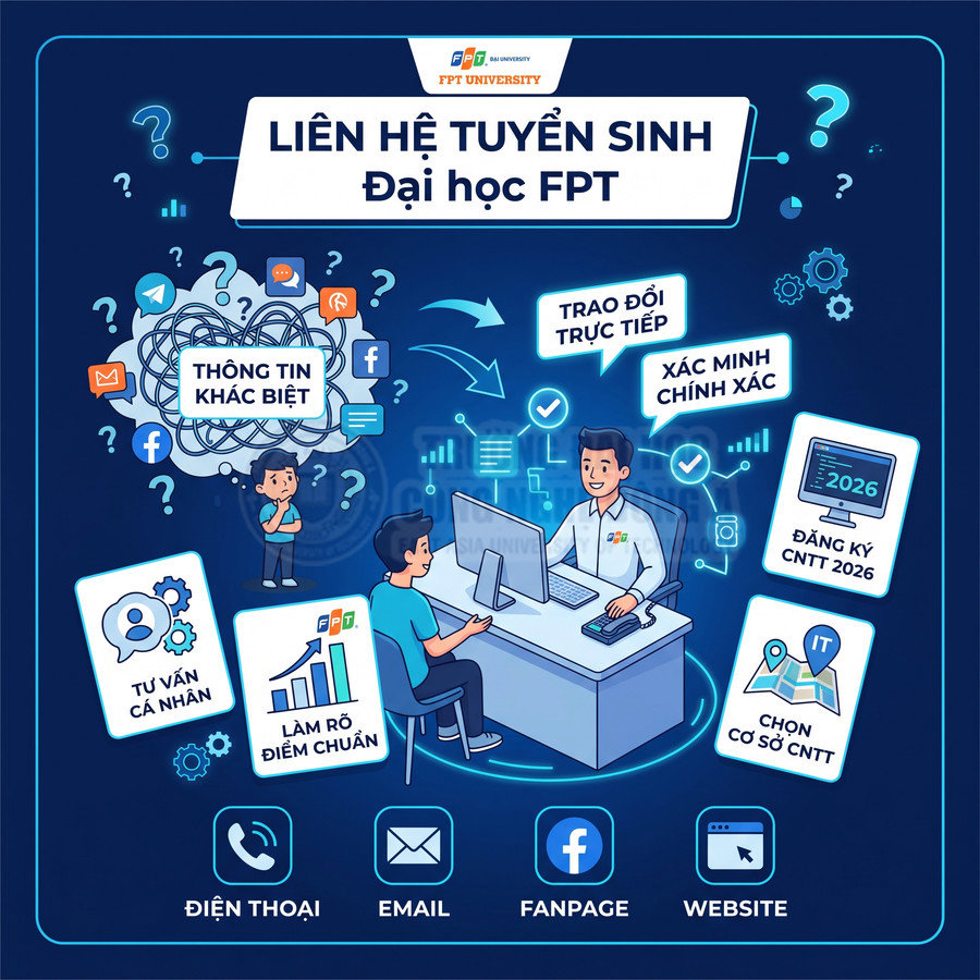 Liên hệ tuyển sinh Đại học FPT tư vấn trực tiếp, làm rõ điểm chuẩn và đăng ký CNTT 2026 qua điện thoại email fanpage website