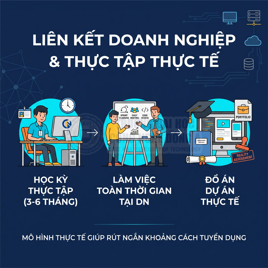 Mô hình liên kết doanh nghiệp và thực tập thực tế từ học kỳ 3 đến 6 tháng đến làm việc toàn thời gian và làm đồ án