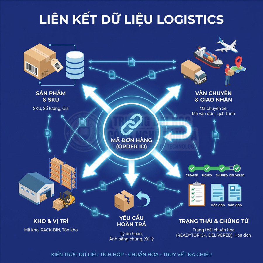 Mã đơn hàng kết nối dữ liệu sản phẩm, vận chuyển, kho, hoàn trả và trạng thái chứng từ logistics