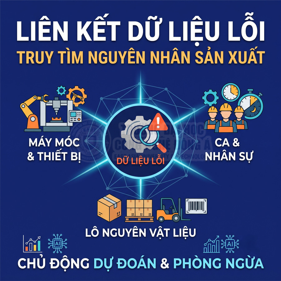 Liên kết dữ liệu lỗi sản xuất từ máy móc, nhân sự và nguyên vật liệu để dự đoán, phòng ngừa sự cố.