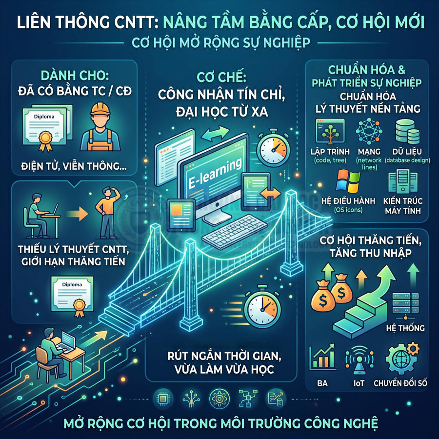 Infographic chương trình liên thông CNTT e learning giúp người đi làm nâng cao bằng cấp và mở rộng cơ hội nghề nghiệp