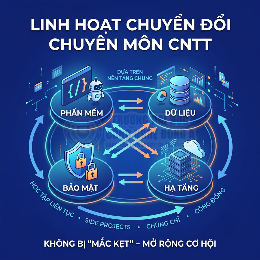 Minh họa linh hoạt chuyển đổi chuyên môn CNTT giữa phần mềm, dữ liệu, bảo mật và hạ tầng