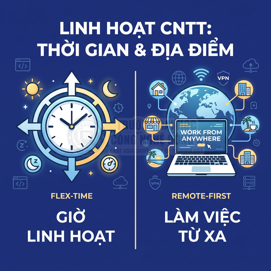 Minh họa giờ làm linh hoạt và làm việc từ xa trong ngành CNTT với đồng hồ và laptop Work From Anywhere