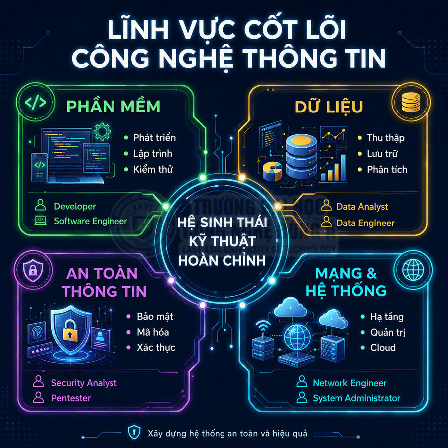 Infographic các lĩnh vực cốt lõi công nghệ thông tin gồm phần mềm, dữ liệu, an toàn thông tin, mạng và hệ thống