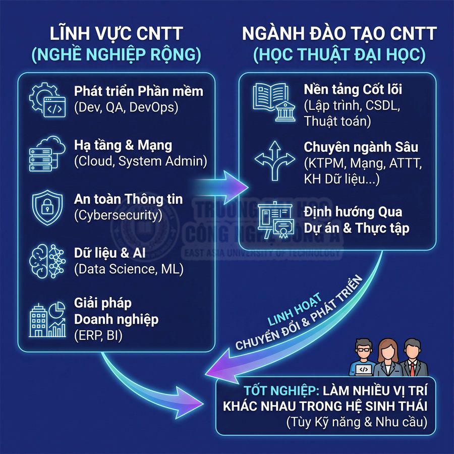 Sơ đồ các lĩnh vực nghề nghiệp và ngành đào tạo công nghệ thông tin tại trường đại học