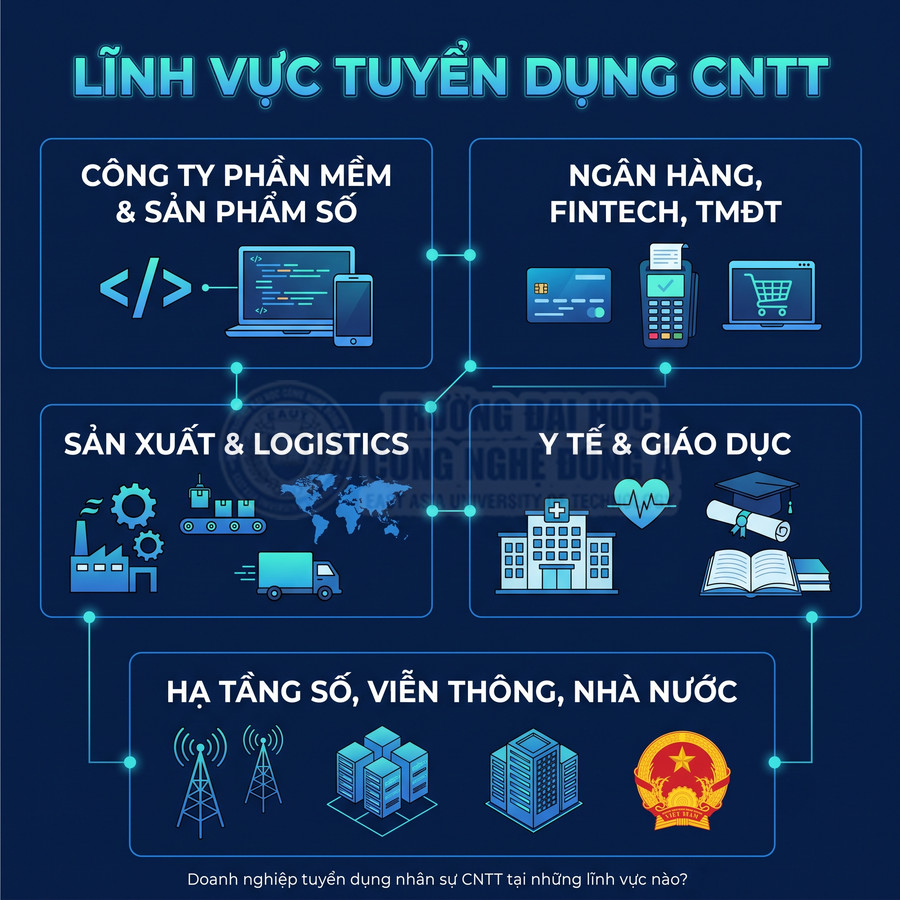 Các lĩnh vực tuyển dụng nhân sự công nghệ thông tin như phần mềm, ngân hàng, logistics, y tế, giáo dục, viễn thông