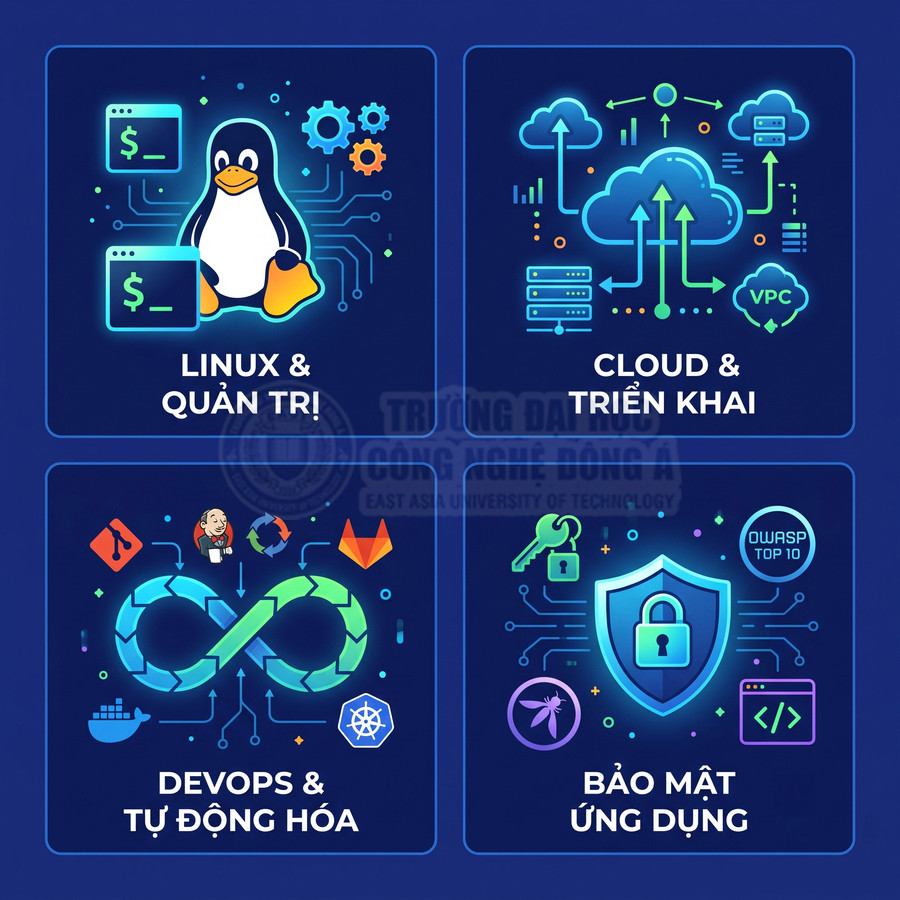 Poster khóa học Linux quản trị, Cloud triển khai, DevOps tự động hóa và bảo mật ứng dụng của Trường Đại học Công nghệ Đông Á