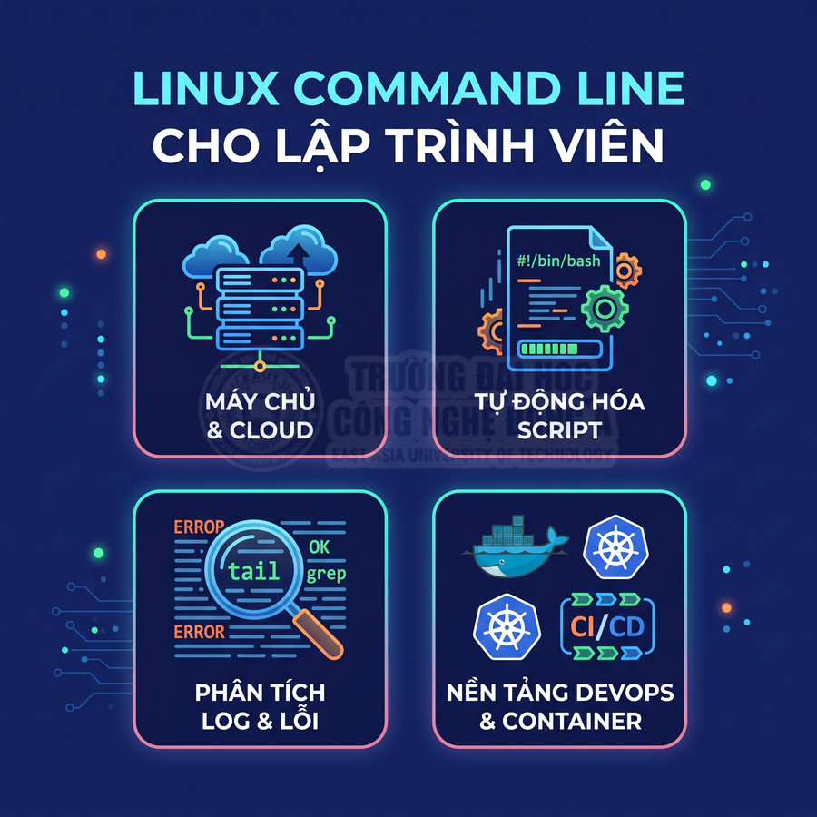 Khóa học Linux command line cho lập trình viên về server cloud, tự động hóa script, phân tích log và nền tảng DevOps