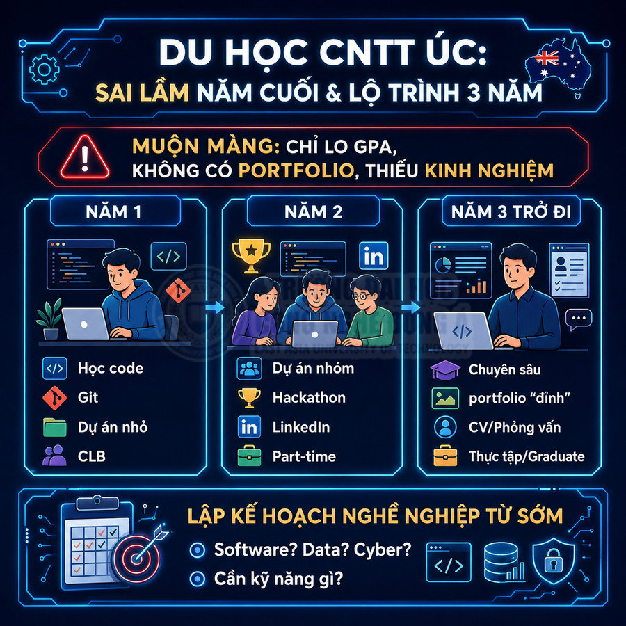 Lộ trình 3 năm du học CNTT tại Úc với các bước học code, dự án nhóm, hackathon, portfolio và chuẩn bị nghề nghiệp