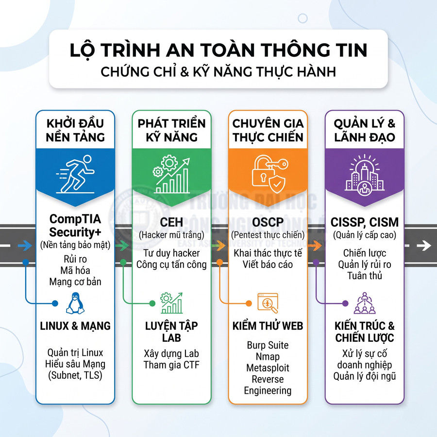 Lộ trình học an toàn thông tin với các chứng chỉ CompTIA Security+, CEH, OSCP, CISSP, CISM và kỹ năng thực hành