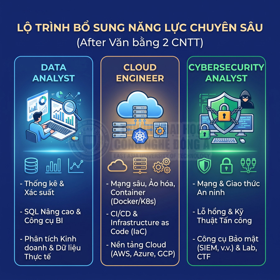 Lộ trình học Data Analyst, Cloud Engineer và Cybersecurity Analyst với các kỹ năng và công cụ chuyên sâu