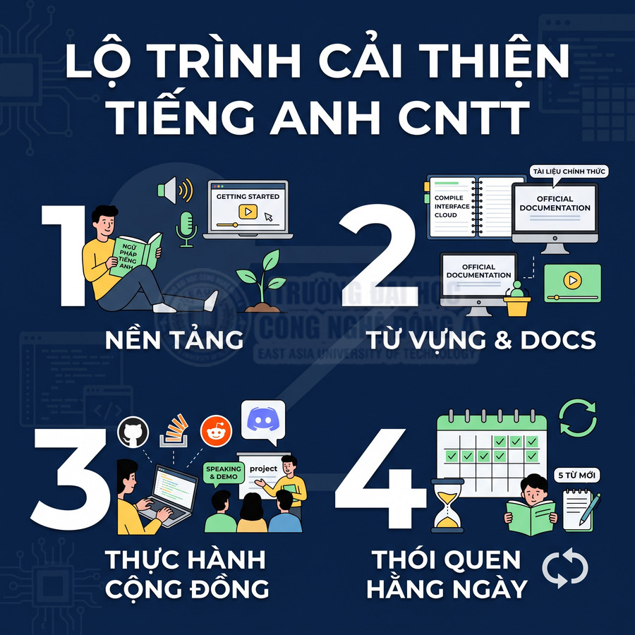 Lộ trình 4 bước cải thiện tiếng Anh CNTT gồm nền tảng, từ vựng và tài liệu, thực hành cộng đồng, thói quen hằng ngày