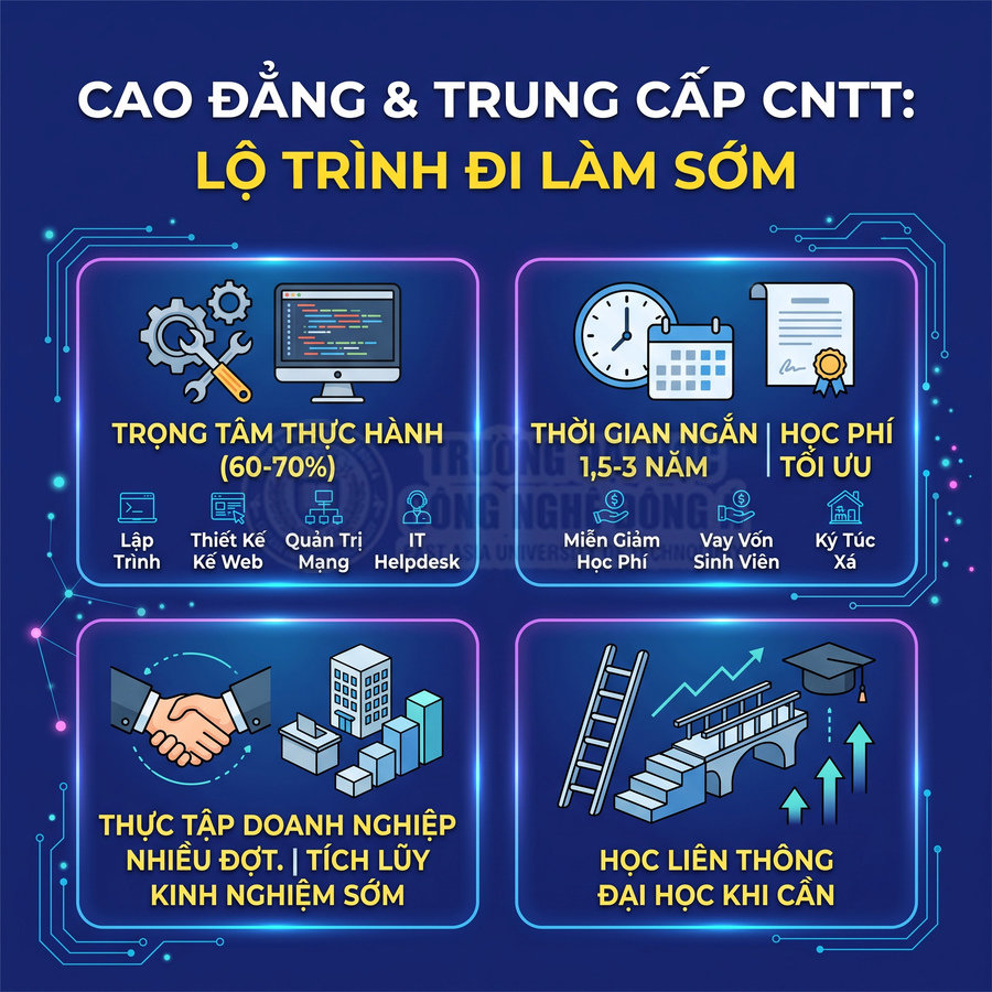 Infographic lộ trình đi làm sớm ngành CNTT hệ cao đẳng trung cấp với trọng tâm thực hành và thực tập doanh nghiệp